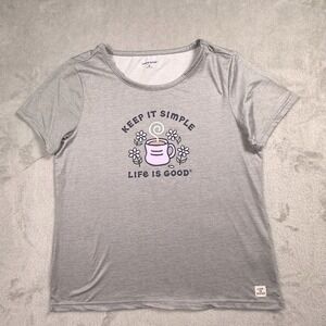 Life Is Good Keep It Simple Coffee Flowers Sleep‎ T-Shirt Women's M Gray Soft